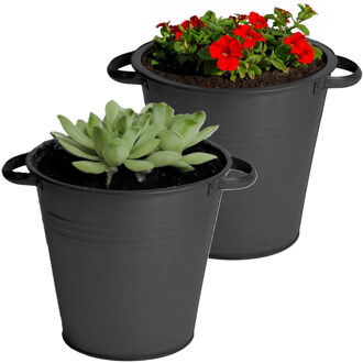 Mega Collections Plantenpot/bloempot Farmer - 2x - rond - zink - zwart - D30 X H28 cm