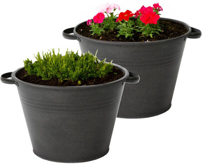 Mega Collections Plantenpot/bloempot Farmer - 2x - rond - zink - zwart - D35 X H25 cm