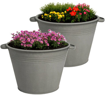 Mega Collections plantenpot/bloempot Farmer - 2x - zink - donkergrijs - D35 X H25 cm - IJzeren emmer / teil