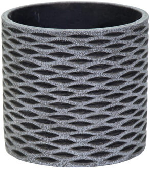 Mega Collections Plantenpot/bloempot - keramiek - antraciet/grijs - visgraat motief - D13.5 x H12.5 cm