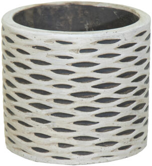 Mega Collections Plantenpot/bloempot - keramiek - antraciet/wit - visgraat motief - D13.5 x H12.5 cm