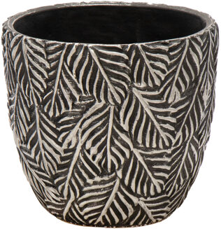 Mega Collections Plantenpot/bloempot - keramiek - antraciet/zilver - bladmotief - D14 x H13 cm