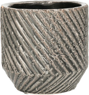 Mega Collections Plantenpot/bloempot - keramiek - donker/grijs - relief - D13.5 x H12.5 cm
