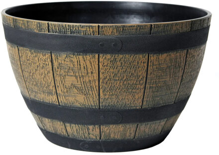 Mega Collections Plantenpot/bloempot - kunststof - bruin - rond - houtmotief - D33 x H21 cm