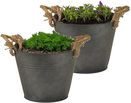 Mega Collections Plantenpot/bloempot Old Rope - 2x - rond - zink - antraciet - D31 X H21 cm