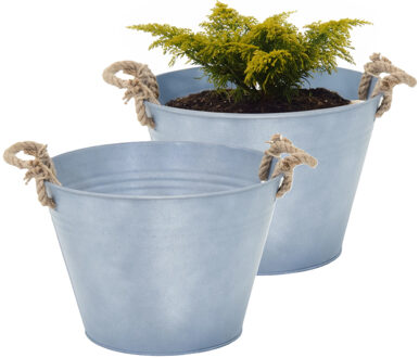 Mega Collections Plantenpot/bloempot Old Rope - 2x - rond - zink - zilver - D31 X H21 cm