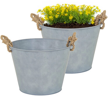 Mega Collections Plantenpot/bloempot Old Rope - 2x - rond - zink - zilver - D35 X H25 cm