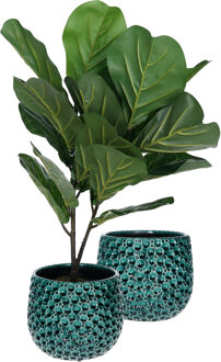 Mega Collections Plantenpot/bloempot Pebblo - 2x - keramiek/geglazuurd?- blauw - druppels - D15 x H13 cm