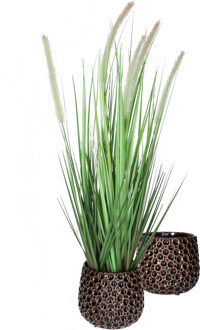 Mega Collections Plantenpot/bloempot Pebblo - 2x - keramiek/geglazuurd?- bruin - druppels - D15 x H13 cm