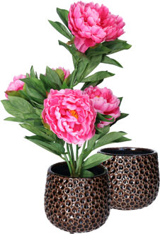 Mega Collections Plantenpot/bloempot Pebblo - 2x - keramiek/geglazuurd?- bruin - druppels - D17 x H15 cm