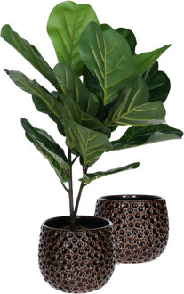 Mega Collections Plantenpot/bloempot Pebblo - 2x - keramiek/geglazuurd?- bruin - druppels - D21 x H17 cm