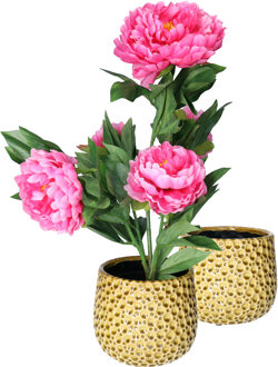 Mega Collections Plantenpot/bloempot Pebblo - 2x - keramiek/geglazuurd?- geel - druppels - D17 x H15 cm