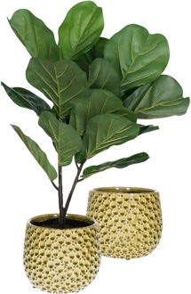 Mega Collections Plantenpot/bloempot Pebblo - 2x - keramiek/geglazuurd?- geel - druppels - D21 x H17 cm