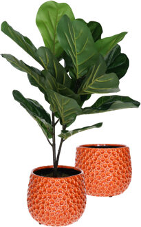 Mega Collections Plantenpot/bloempot Pebblo - 2x - keramiek/geglazuurd?- oranje - druppels - D21 x H17 cm
