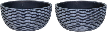 Mega Collections Plantenpot/bloempot schaal - 2x - keramiek - antraciet/grijs - visgraat motief - D24 x H12 cm