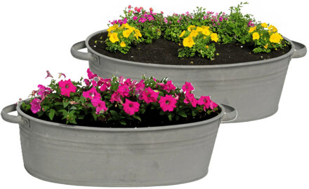 Mega Collections Plantenpot/bloempot teil Farmer - 2x - ovaal - zink - donkergrijs - L25 x D18 X H11 cm