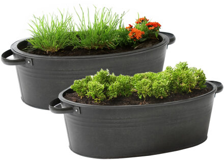 Mega Collections Plantenpot/bloempot teil Farmer - 2x - ovaal - zink - zwart - L33 x D23 X H14 cm