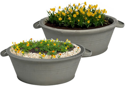 Mega Collections Plantenpot/bloempot teil Farmer - 2x - rond - zink - donkergrijs - D30 X H14 cm
