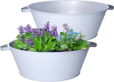 Mega Collections Plantenpot/bloempot teil Farmer - 2x - rond - zink - lichtgrijs - D40 X H14 cm
