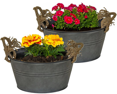 Mega Collections Plantenpot/bloempot teil Old Rope - 2x - rond - zink - antraciet - D26 X H12.5 cm