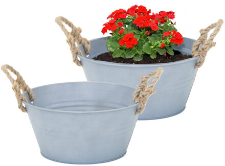 Mega Collections Plantenpot/bloempot teil Old Rope - 2x - rond - zink - zilver - D23 X H11 cm