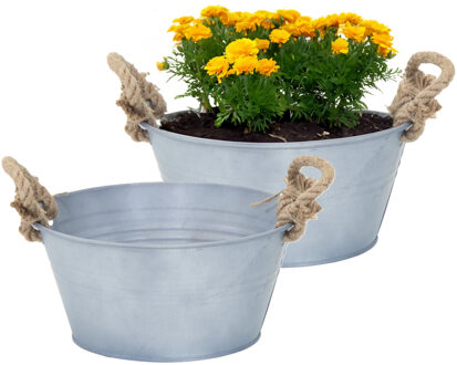 Mega Collections Plantenpot/bloempot teil Old Rope - 2x - rond - zink - zilver - D26 X H12.5 cm