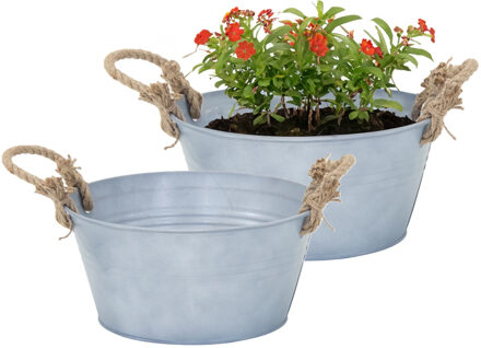 Mega Collections Plantenpot/bloempot teil Old Rope - 2x - rond - zink - zilver - D30 X H14 cm