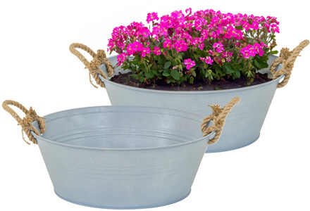 Mega Collections Plantenpot/bloempot teil Old Rope - 2x - rond - zink - zilver - D40 X H14 cm