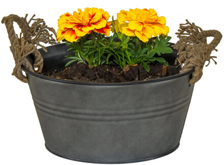 Mega Collections Plantenpot/bloempot teil Old Rope - rond - zink - antraciet - D26 X H12.5 cm