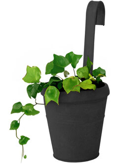 Mega Collections Plantenpot/bloempot - zink - mat zwart - met ophanghaak - D13 x H28 cm - Plantenpotten