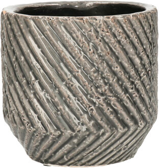 Mega Collections Plantenpot - keramiek - donker/grijs - relief - D13.5 x H12.5 cm - Plantenpotten