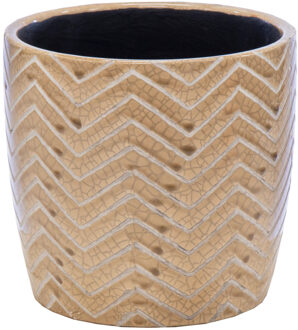 Mega Collections Plantenpot - keramiek - taupe/bruin - visgraat motief - D13.5 x H12.5 cm - Plantenpotten