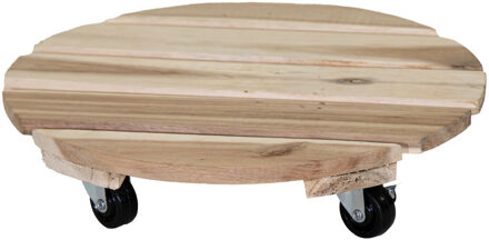 Mega Collections Plantenpot trolley - acacia hout - lichtbruin - rond - 30 x 30 cm - max 50 kilo