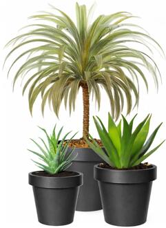 Mega Collections Plantenpotten bloempotten set - 3x stuks - kunststof - zwart - Tuin - Diameters 20-25-30 cm