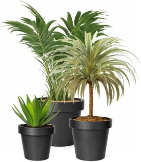 Mega Collections Plantenpotten bloempotten set - 3x stuks - kunststof - zwart - Tuin - Diameters 25-30-35 cm