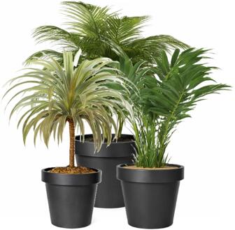 Mega Collections Plantenpotten bloempotten set - 3x stuks - kunststof - zwart - Tuin - Diameters 30-35-40 cm