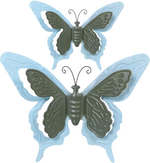 Mega Collections Tuin/schutting decoratie vlinders - metaal - blauw - 24 x 18 cm - 46 x 34 cm - Tuinbeelden