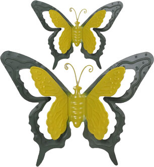 Mega Collections Tuin/schutting decoratie vlinders - metaal - groen - 17 x 13 cm - 36 x 27 cm