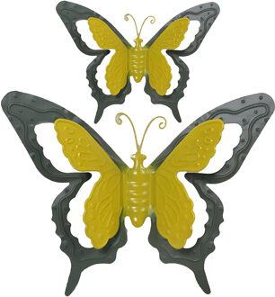 Mega Collections Tuin/schutting decoratie vlinders - metaal - groen - 24 x 18 cm - 46 x 34 cm