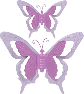 Mega Collections Tuin/schutting decoratie vlinders - metaal - roze - 17 x 13 cm - 36 x 27 cm - Tuinbeelden