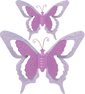 Mega Collections Tuin/schutting decoratie vlinders - metaal - roze - 24 x 18 cm - 46 x 34 cm