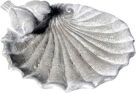 Mega Collections Vogelbad/voederschaal - schelp - grijs - steen - D30 x H9 cm - drinkschaal voor tuinvogels