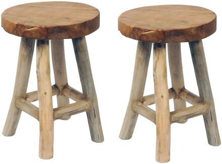 Mega Collections Zit krukje/bijzet stoel - 2x - teak hout - lichtbruin - D30 x H42 cm - Krukjes