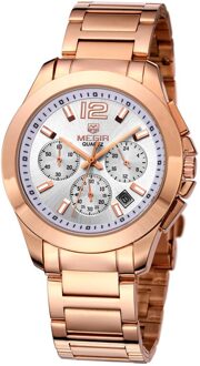 Megir Mannen Business Waterdichte Horloges Drie Ogen Chronograaf Eenvoudige Retro Mode Trend Stalen Band Quartz Horloge 5006 roos goud wit