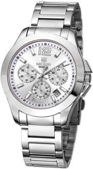Megir Mannen Business Waterdichte Horloges Drie Ogen Chronograaf Eenvoudige Retro Mode Trend Stalen Band Quartz Horloge 5006 zilver wit