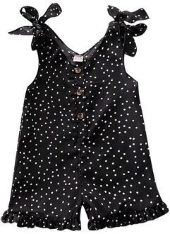 Meisje Zoete Ruches Jumpsuits Zomer Casual Baby Polka Dot Mouwloze Kleding Ctothing Meisje O-hals Knop Shorts Jumpsuit D30 zwart / 90cm(18-24Months)