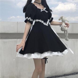 Meisje Zwarte En Witte Lolita Jurk Bladerdeeg Mouw Japanse Punk Stijl Esthetische Elegante Slanke Party Victoriaanse Gothic Vierkante Kraag Xl