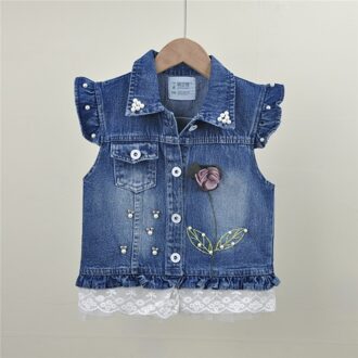 Meisjes 3D Bloem Parel Kant Denim vest geborduurde vesten kids mode jeans vesten kinderen lente herfst mouwloze jas 6T