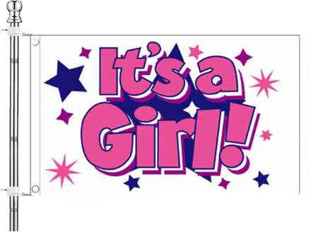 Meisjes geboorte vlag met vlaggenstok set - roze - 90 x 150 cm - versiering