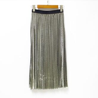 Meisjes geplooide metalen glanzende zilveren rok vrouwen casual vintage mid-lange a-lijn metallic suede rokken vrouwelijke herfst/winter rokken Goud